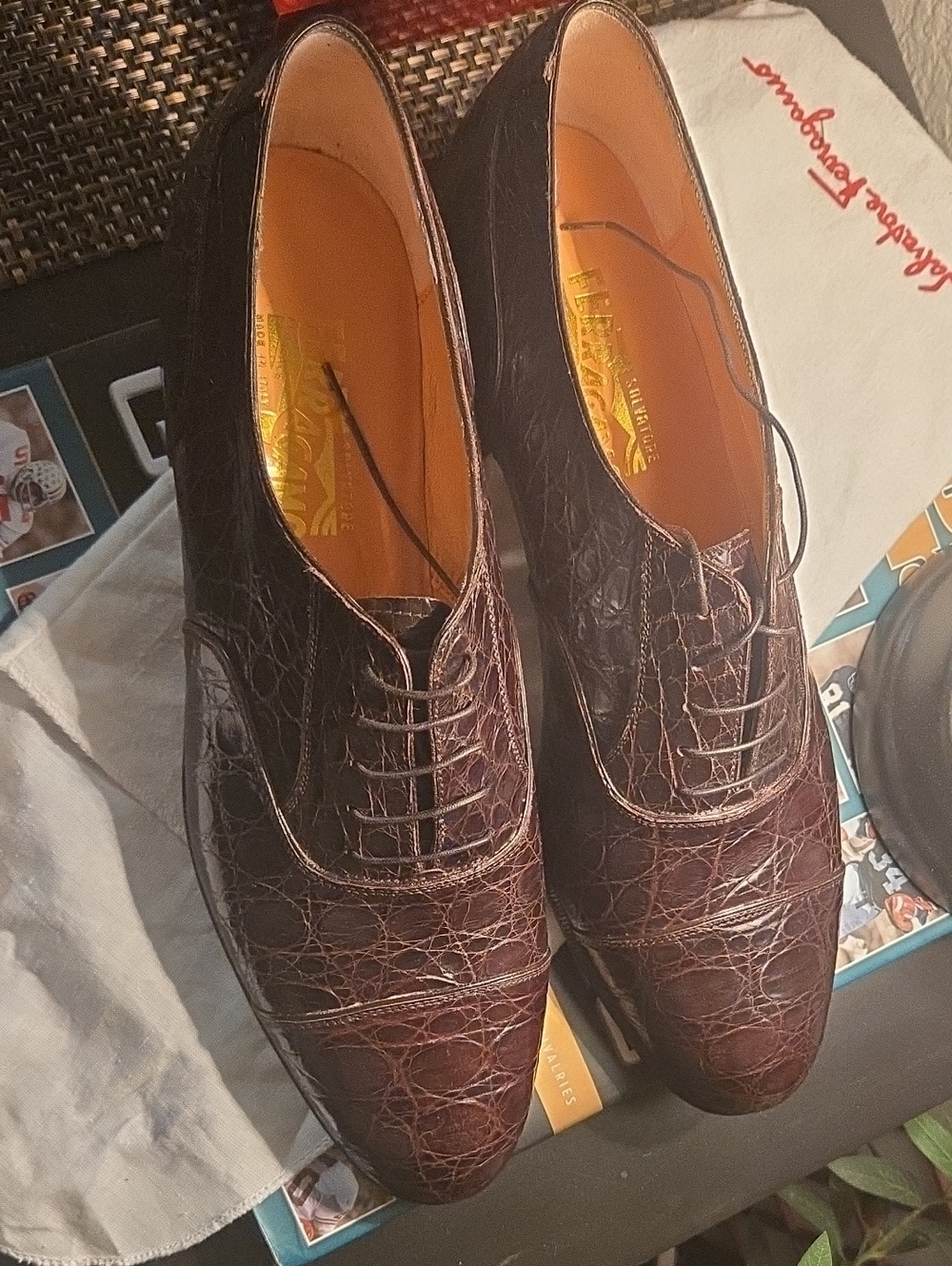 Salvatore Ferragamo Dark Brown Crocodile Leather Oxfords. Priced To Sell.